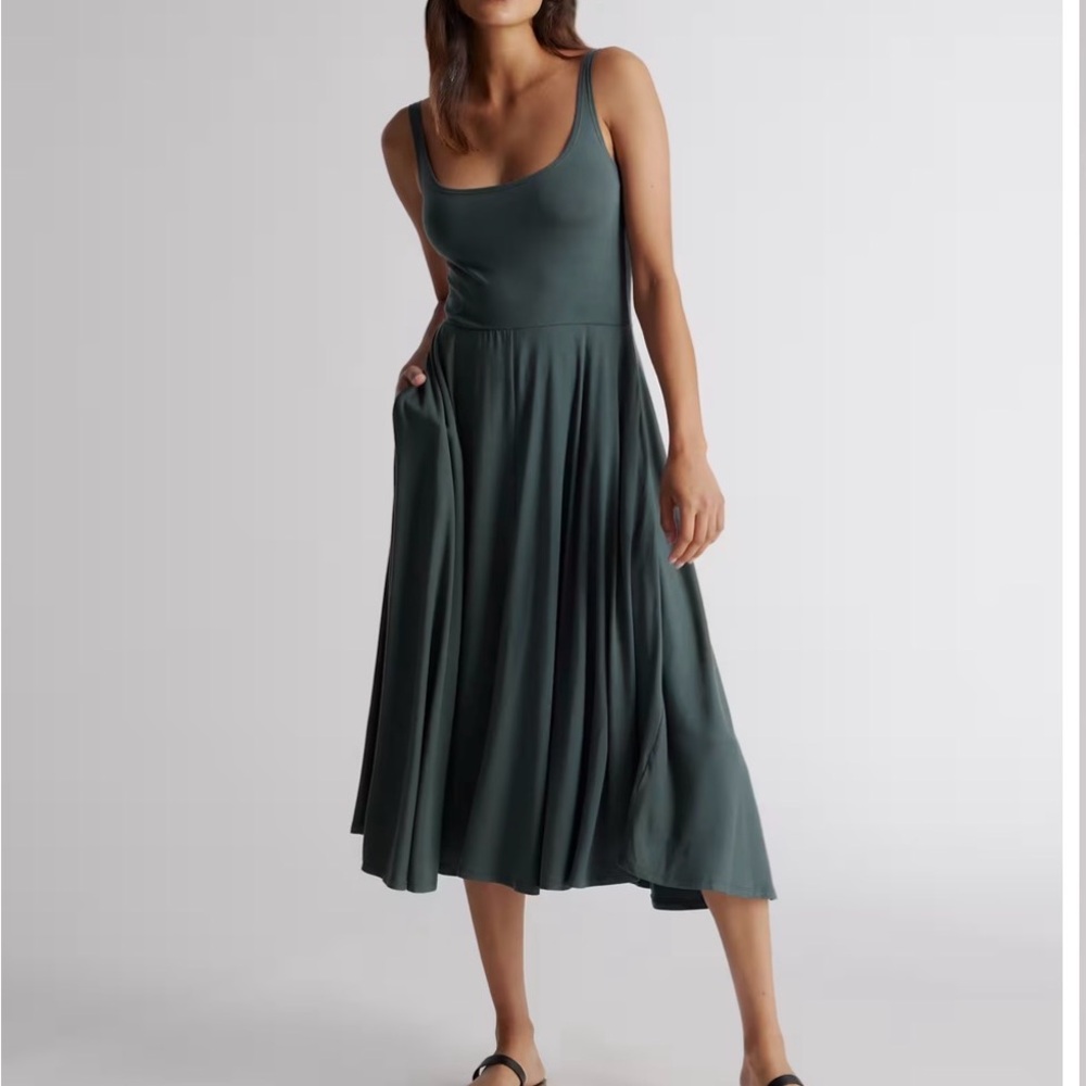 Quince Tencel Jersey Fit & Flare Dress in Dark Olive size Large